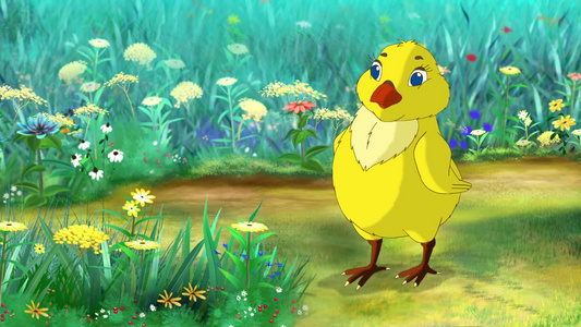 在一个阳光明媚的日子里小黄鸡站在一片花草地上视频