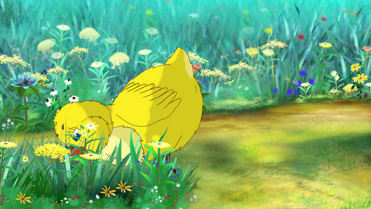 在阳光明媚的日子里黄鸡在花草地上寻找食物手工动画视频