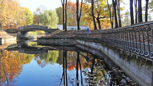 美丽的秋天城市公园里漂亮的少女走在湖边石桥上15秒视频