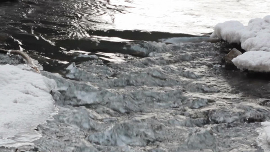 寒冷冬天野外流动的溪水视频