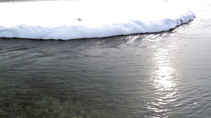 寒冷冬季积雪旁缓慢流动的河水16秒视频