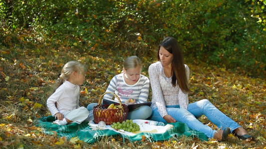 母亲和两个女儿在公园野餐视频