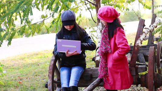 两个女孩使用笔记本电脑视频