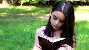 草地上的小女孩在阅读圣经29秒视频