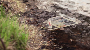 一张废旧报纸被风吹浮在河岸边15秒视频