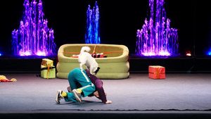 俄罗斯莫斯科动物驯兽师和他的狗在舞蹈喷泉海蓝宝石马戏团的滑稽表演11秒视频