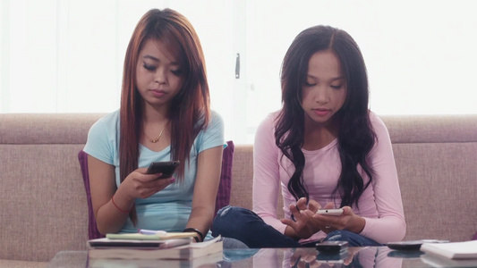 两个女性在家里使用智能手机视频