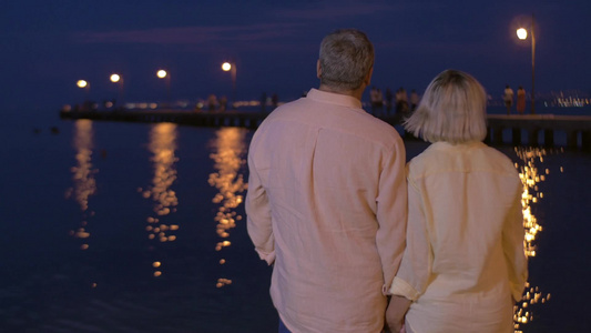 老年夫妇站在海边看夜景视频