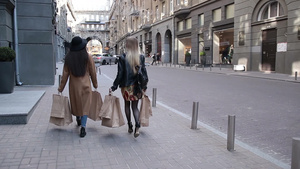 年轻闺蜜朋友手提购物袋步行街背影15秒视频