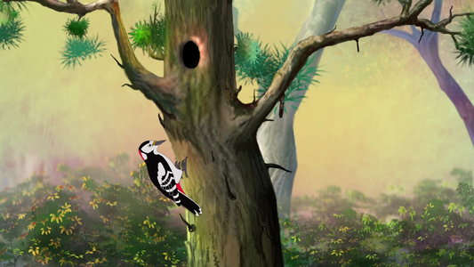 啄木鸟在森林里给松树啄害虫的动画视频