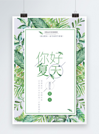 植物插画你好夏天季节海报模板