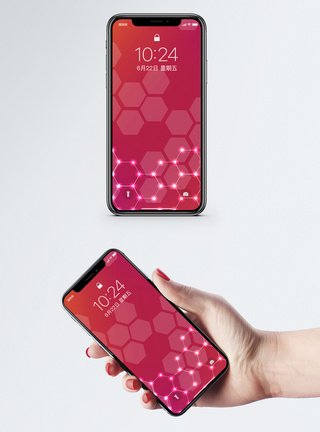 红色 几何炫光科技六边形手机壁纸模板
