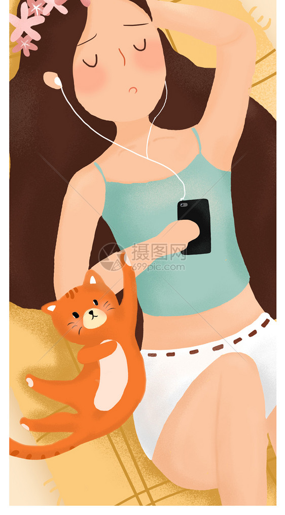 听歌的沙滩女孩和猫手机壁纸图片