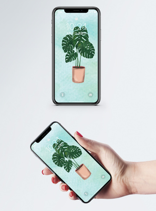 水彩植物盆栽盆栽手机壁纸模板