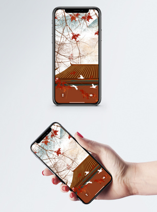 枫叶水墨中国风背景手机壁纸模板