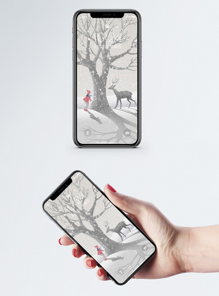 雪地里的鹿和女孩手机壁纸图片