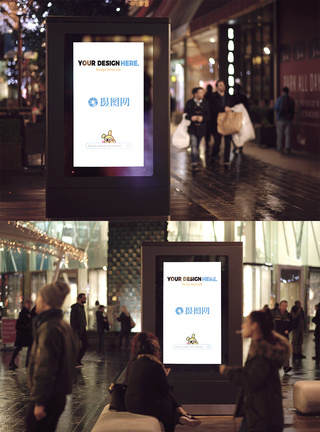 夜景步行街上的广告牌样机广告背景高清图片素材