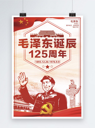 红色纪念毛泽东主席诞辰125周年海报图片