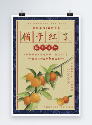 订货复古手绘风橘子促销海报模板