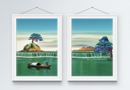 中国风山水瀑布挂画模板图片