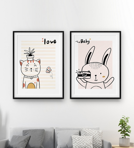 萌系可爱猫咪兔子儿童房装饰画图片