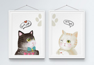 萌宠动物猫咪主题餐厅装饰画双图图片