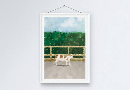 手绘油画路边猫咪公园栏杆装饰画图片