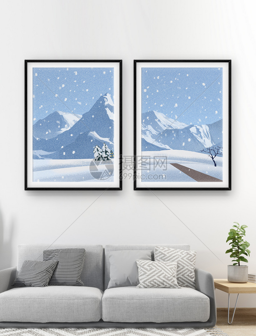 唯美雪景风景画二联框装饰画