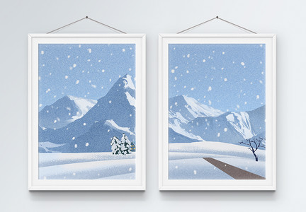 唯美雪景风景画二联框装饰画图片