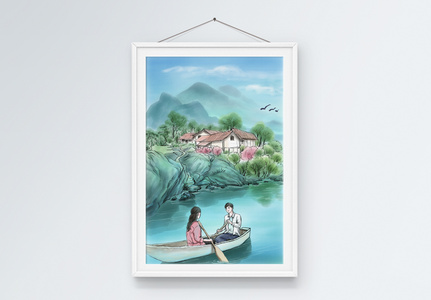 水墨画 旅行 泛舟山水间客厅装饰画高清图片
