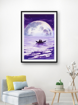海上月亮海上爱情客厅装饰画模板