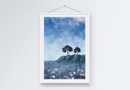 手绘蓝天大海风景树木油画装饰挂画图片
