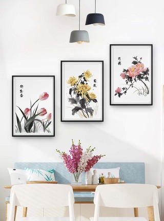 中国国画花卉植物三联框装饰画图片