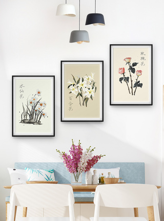 中国风花卉植物三联框装饰画图片