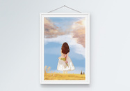 阳光下看云的少女装饰画图片