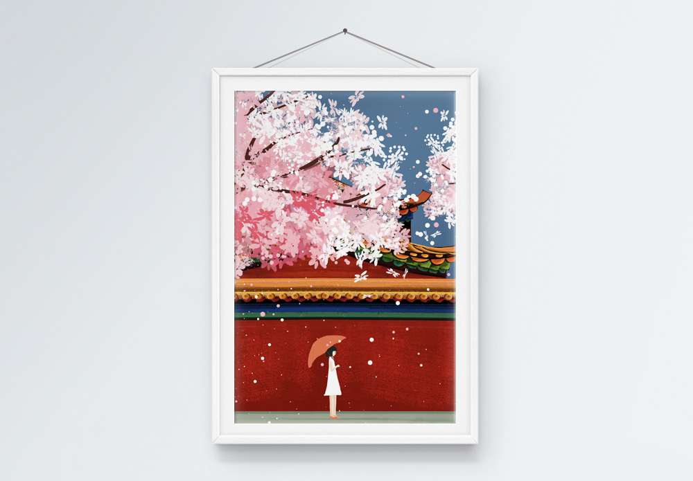 地产新中式建筑故宫前樱花客厅装饰画模板