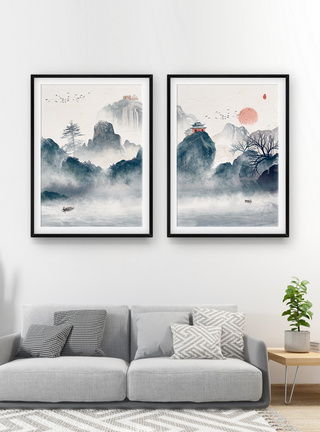 二联框装饰画中国风山水水墨画装饰画模板
