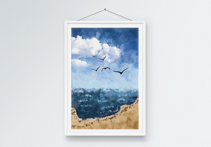 油画大气抽象蓝天白云湖海沙漠装饰画图片
