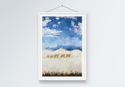 风景蓝天白云沙漠骆驼油画客厅沙发背景墙装饰画图片