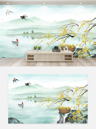 桂花树中式大气风景电视背景墙模板