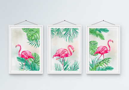 北欧植物火烈鸟小清新三联框装饰画图片