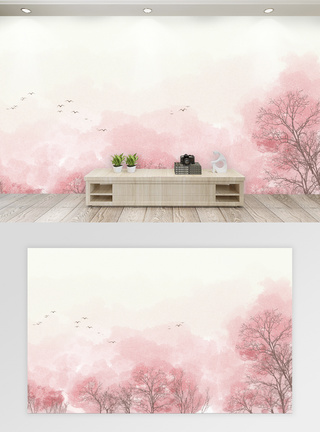 手绘中国风樱花唯美背景客厅背景墙图片