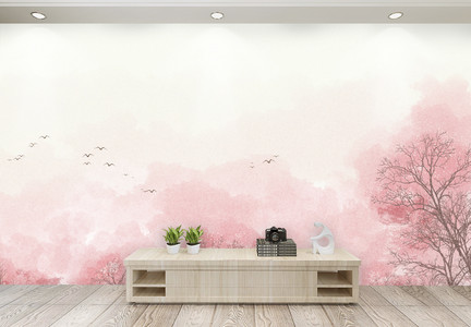 手绘中国风樱花唯美背景客厅背景墙图片