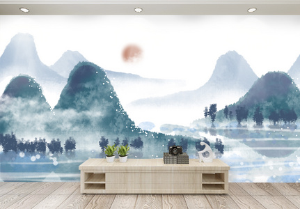 中国风山水背景客厅背景墙图片