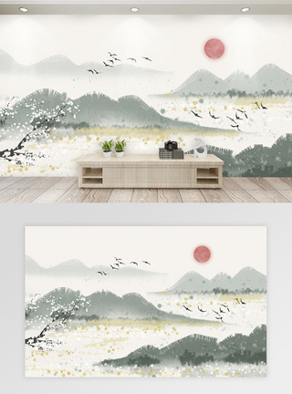 边框唯美中国风水墨山水背景客厅背景墙模板