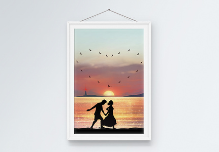 夕阳下情侣海边散步装饰画高清图片