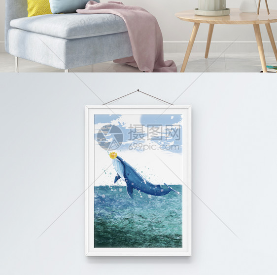 手绘大海鲸鱼跳跃浪花油画客厅装饰画图片