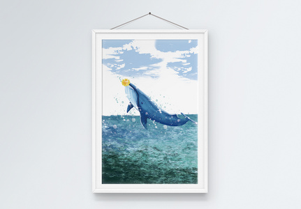 手绘大海鲸鱼跳跃浪花油画客厅装饰画图片