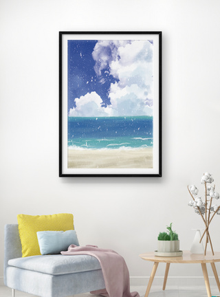 手绘沙滩大海浪花蓝天白云风景油画装饰画图片