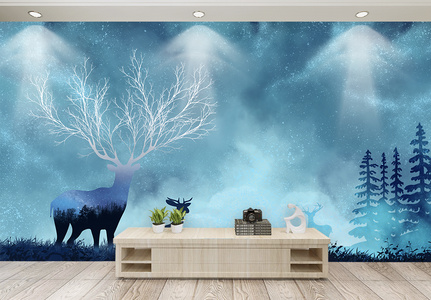 梦幻森林麋鹿电视背景墙高清图片
